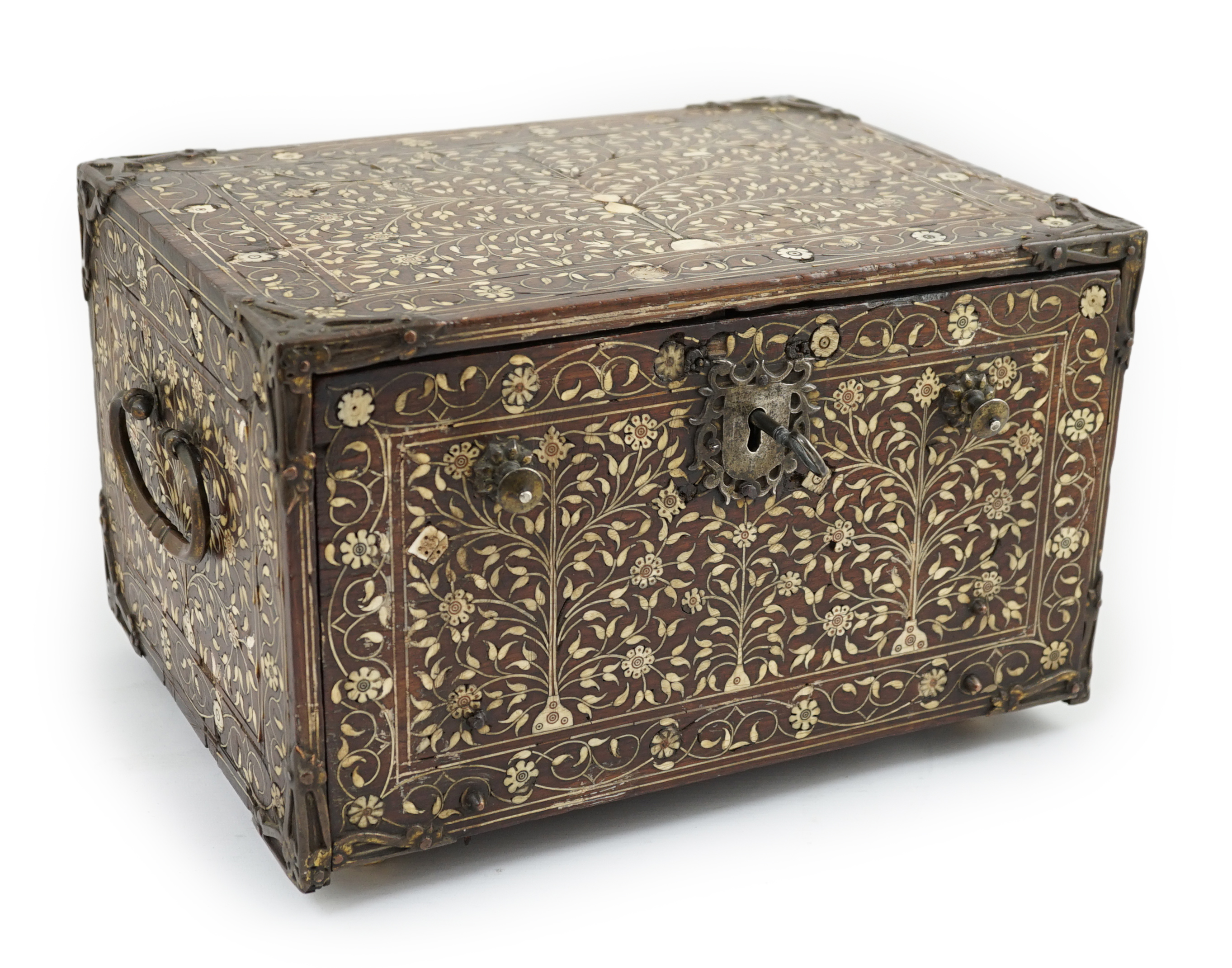 An early 17th century Indo-Portuguese ivory inset hardwood travelling chest